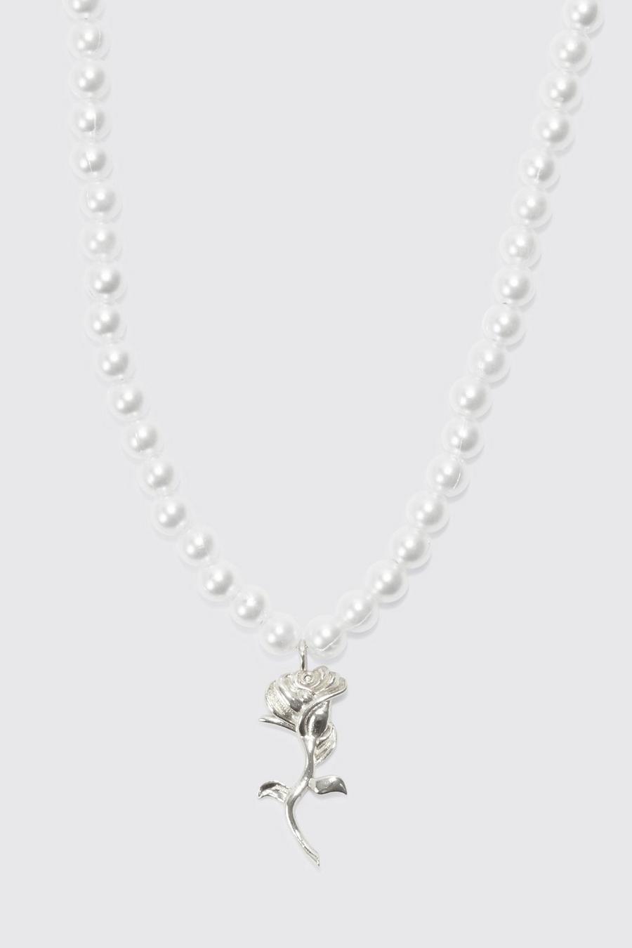 Silver Rose Pendant Pearl Necklace