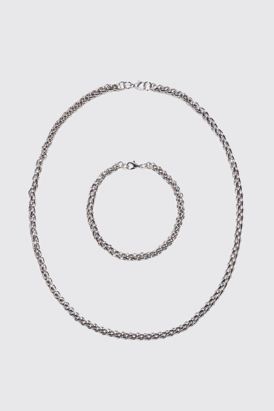 Silver Rope Chain Necklace And Bracelet Set