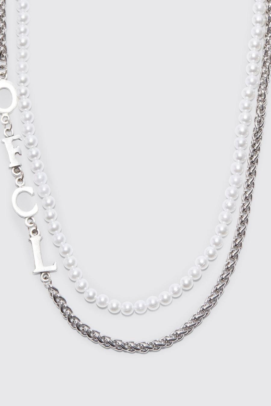 Mehrlagige Ofcl Perlen-Halskette, Silver