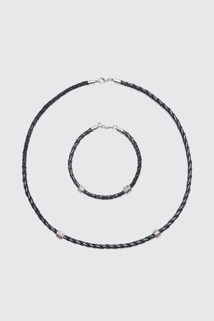 Black Pu Rope Chain And Bracelet Set