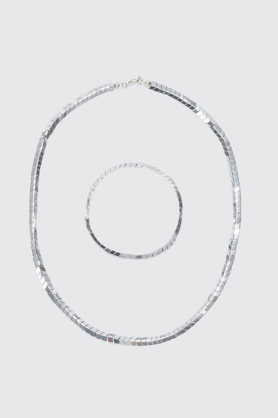 Silver Snake Bead Necklace And Bracelet Set image number 1
