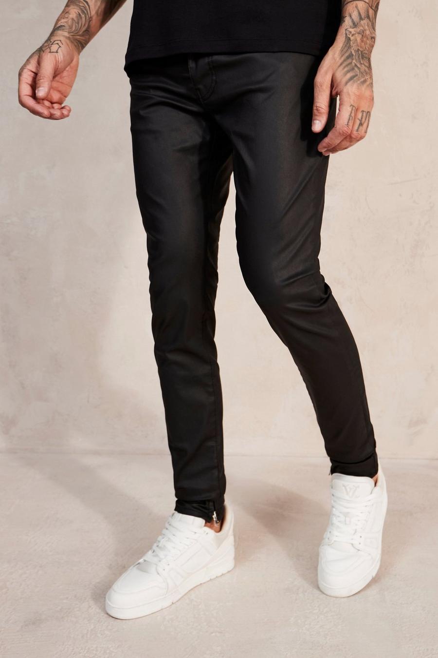 Black svart Skinny Stacked Zip Hem Coated Jeans
