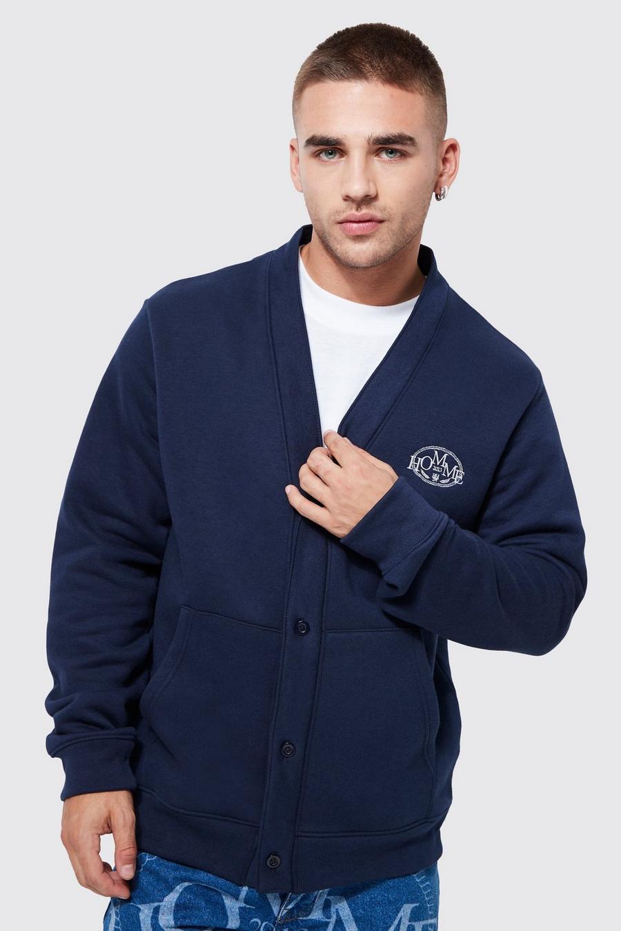 Navy blu oltremare Embroidered Chest Badge Cardigan 