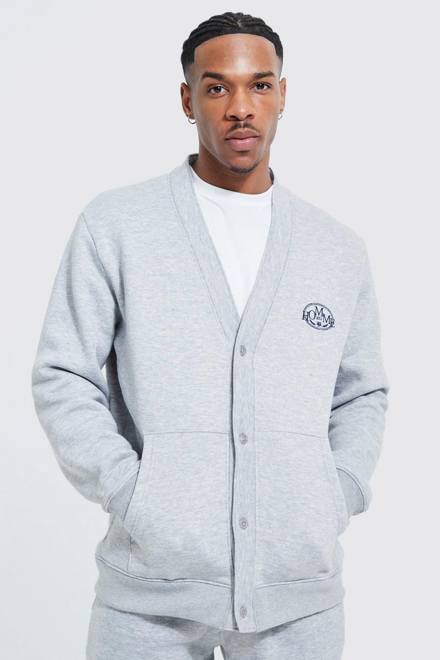 Grey marl Embroidered Chest Badge Cardigan image number 1
