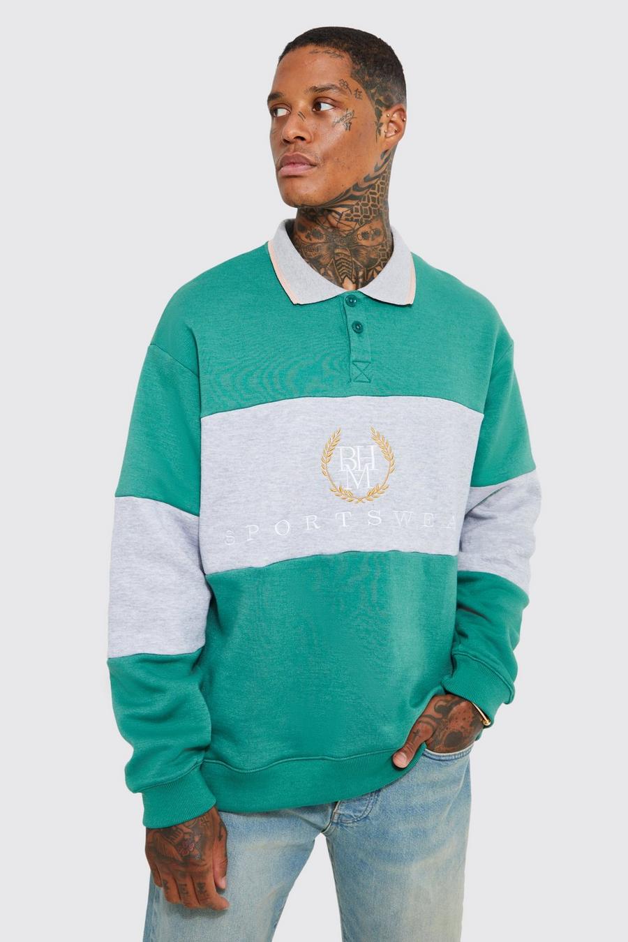 Green Oversized Boxy Panelled Rugby Sweatshirt image number 1