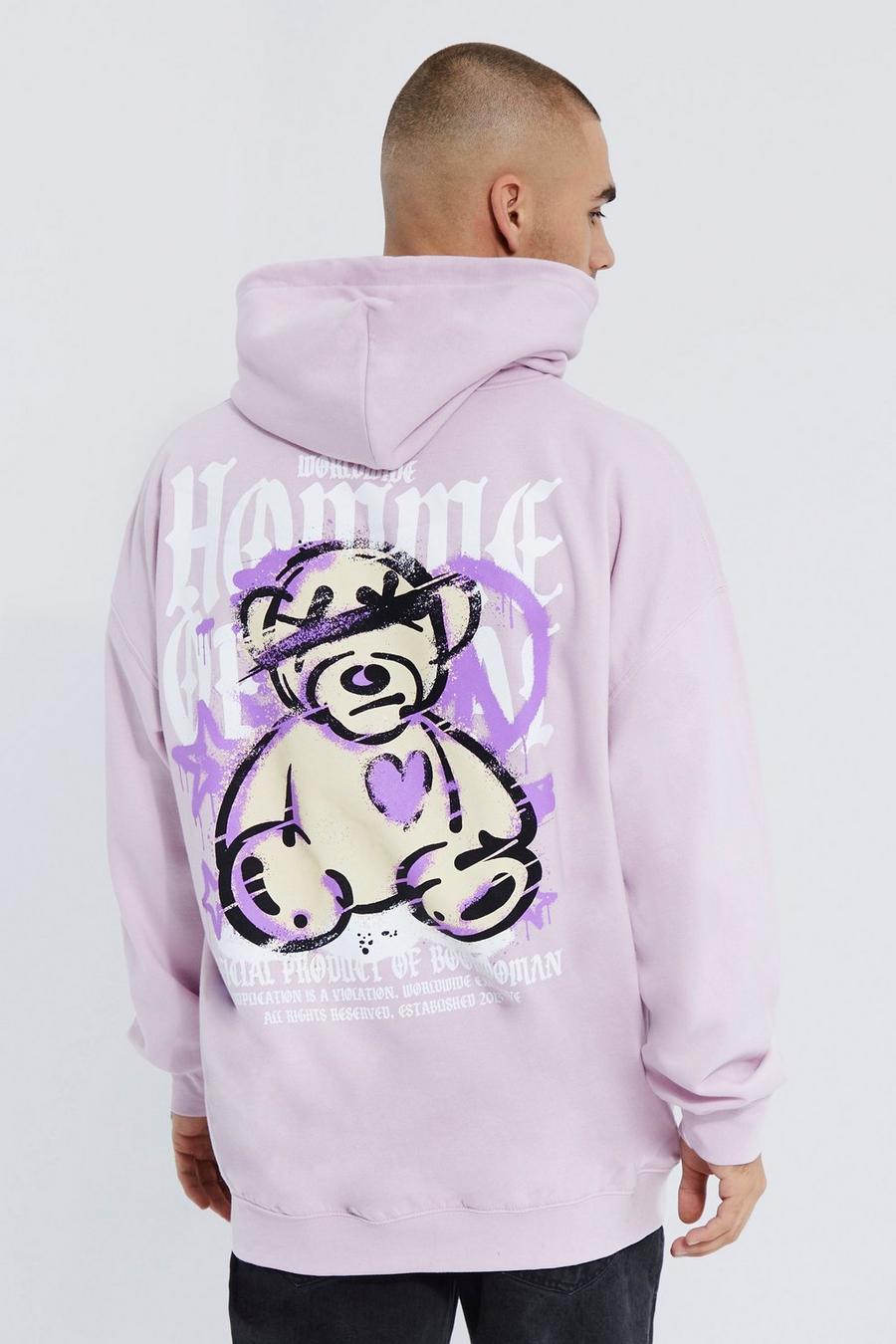 Lilac Oversized Homme Teddy Graphic Hoodie image number 1