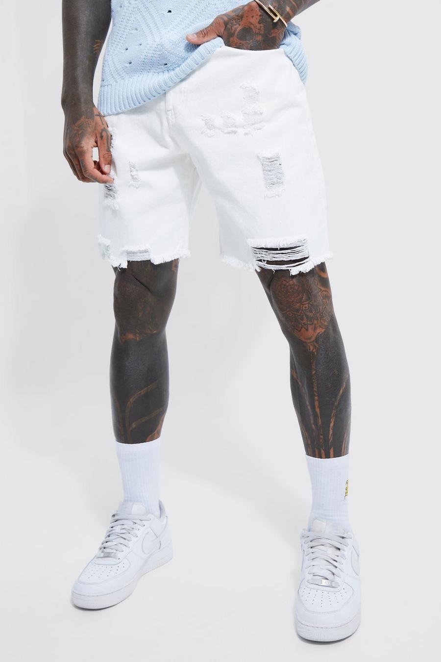 White Relaxed Fit Rigid Multi Rip Denim Shorts