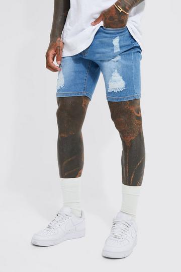 Skinny Stretch Distressed Denim Shorts light blue