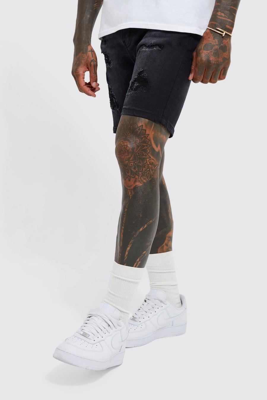Washed black Gescheurde Denim Stretch Skinny Fit Shorts image number 1