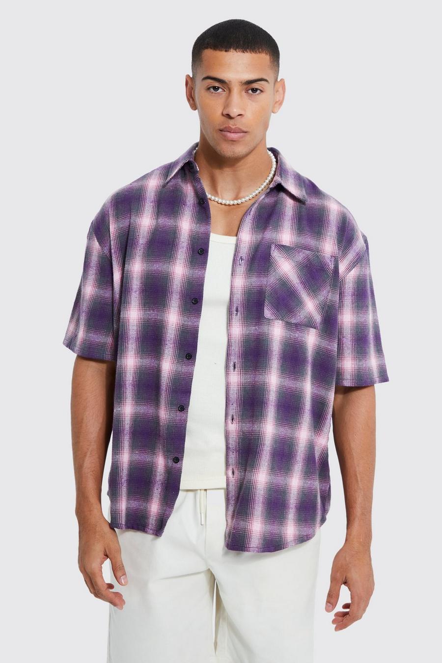 Purple Short Sleeve Boxy Oversized Check Shirt