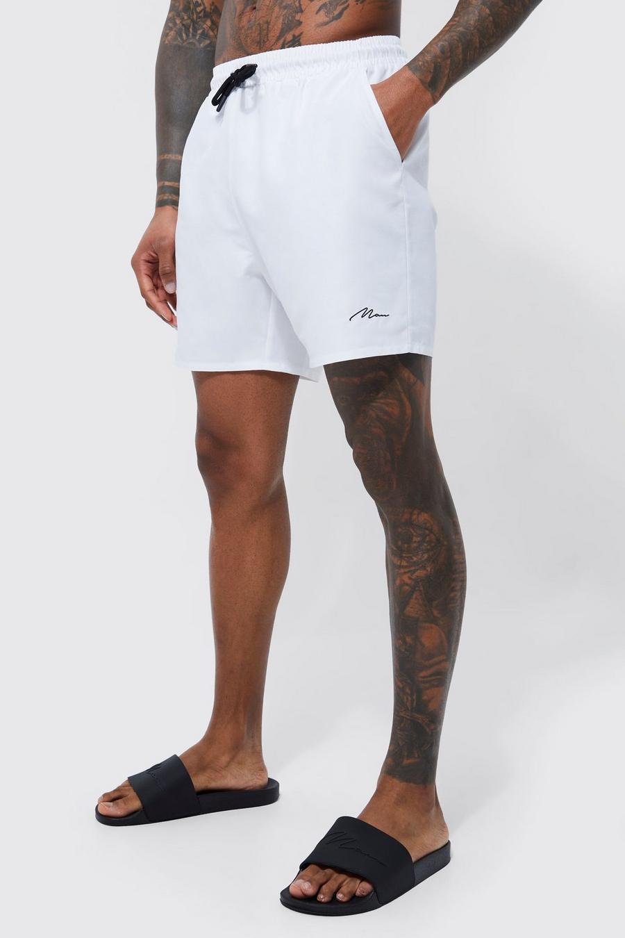 White Man Signature Mid Length Swim Shorts