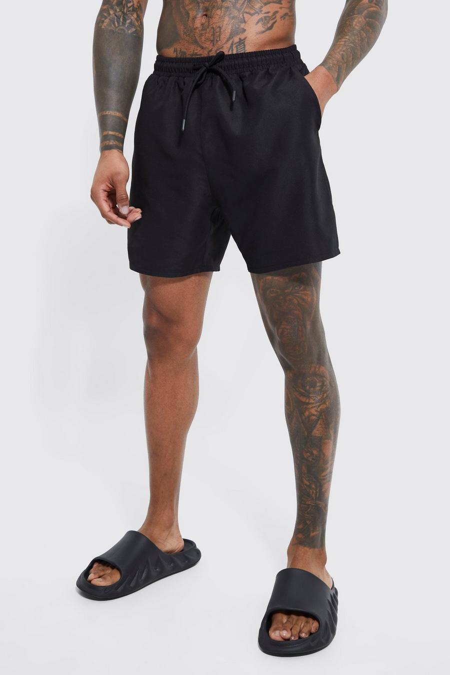 Mid Length Plain Swim Shorts, Black