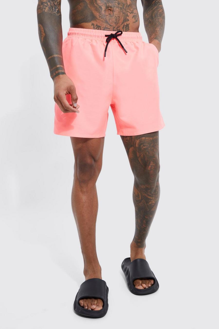 Mid Length Plain Swim Shorts, Neon-pink rosa