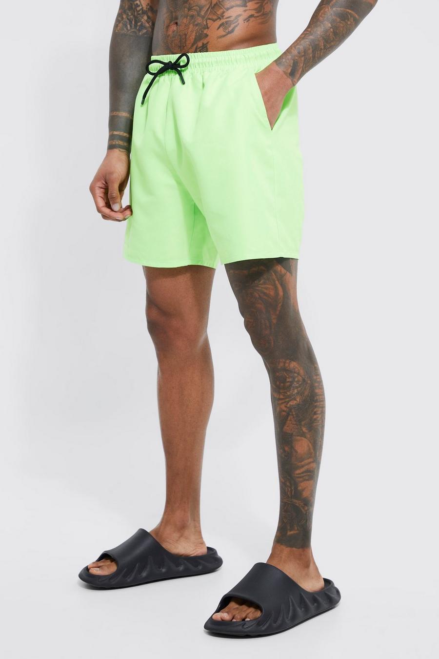 Neon-green Mid Length Plain Swim Cyan Shorts image number 1