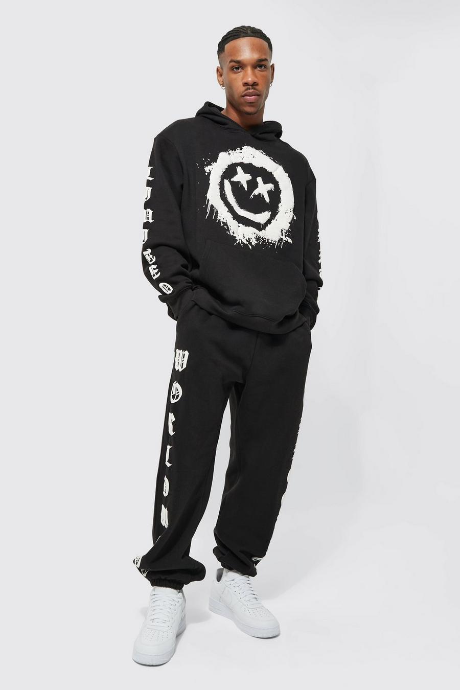Black Oversized Gothic Spray Face Graphic Tracksuit image number 1