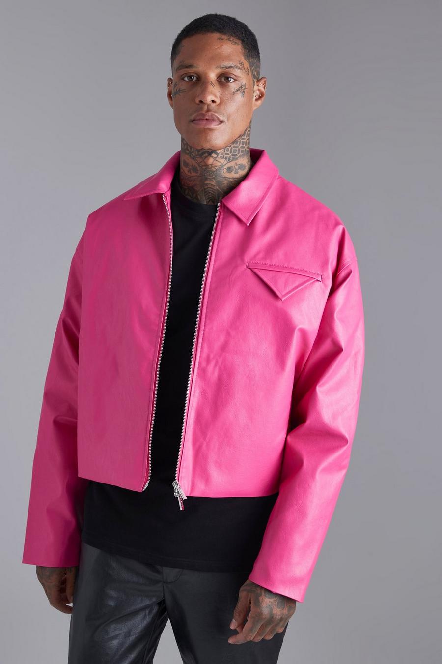 Chaqueta Harrington recta de cuero sintético, Hot pink image number 1