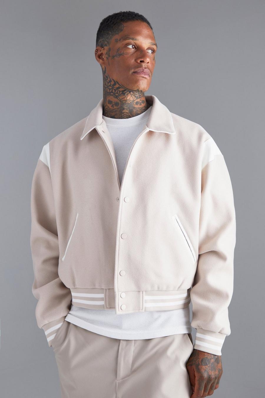 Stone Boxy Melton Bomber With Contrast Trims image number 1