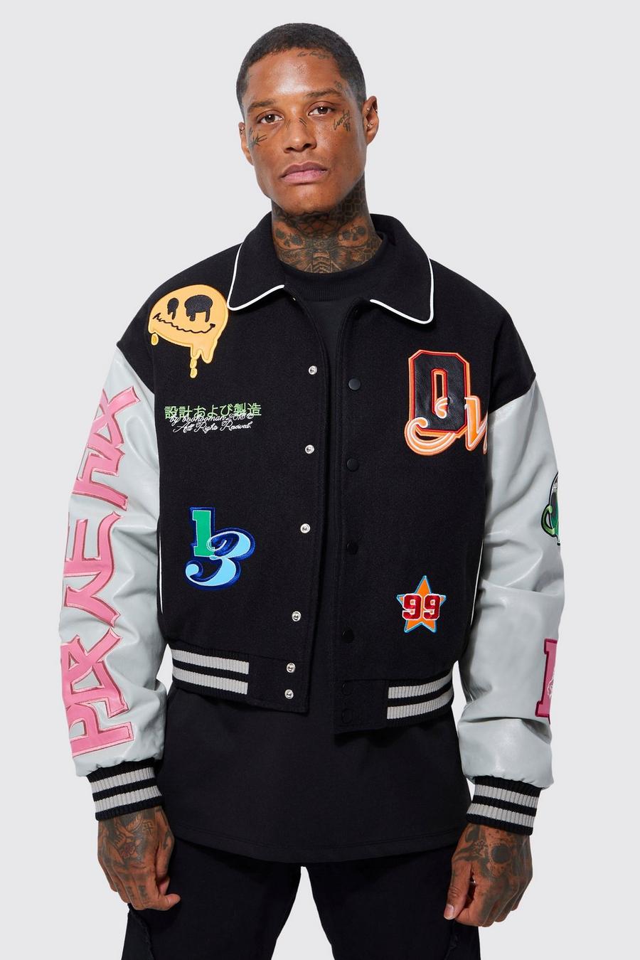 Black Boxy Melton Pu Varsity Badge Jacket image number 1