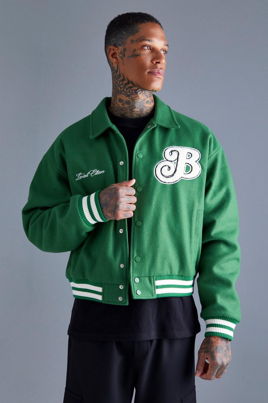 Green Boxy Melton Varsity Jacket image number 1