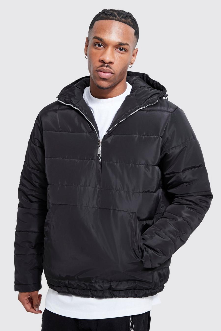 Black Quilted Hooded Overhead Jacket