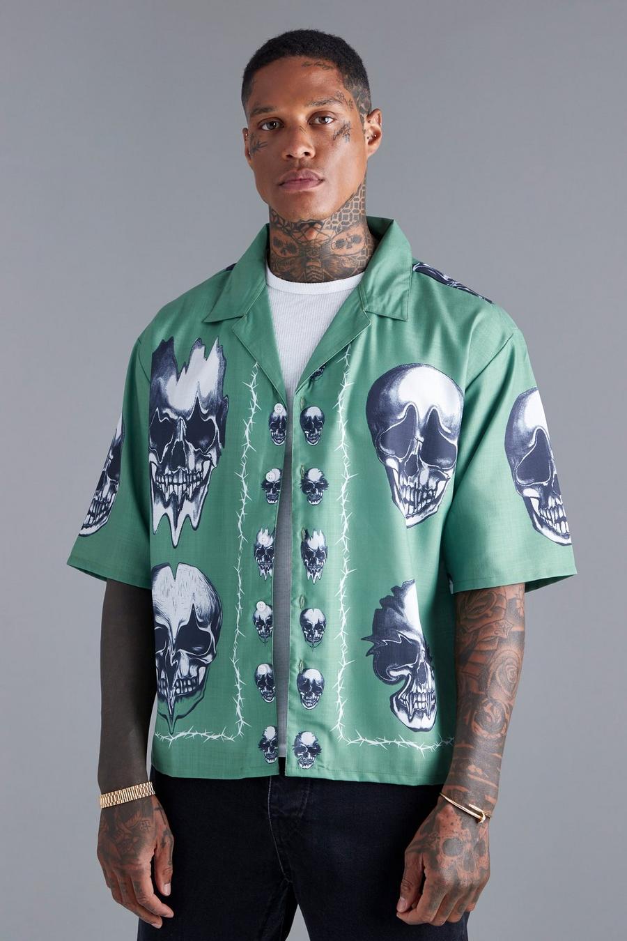 Green Boxy Slub 3/4 Sleeve Skull Shirt