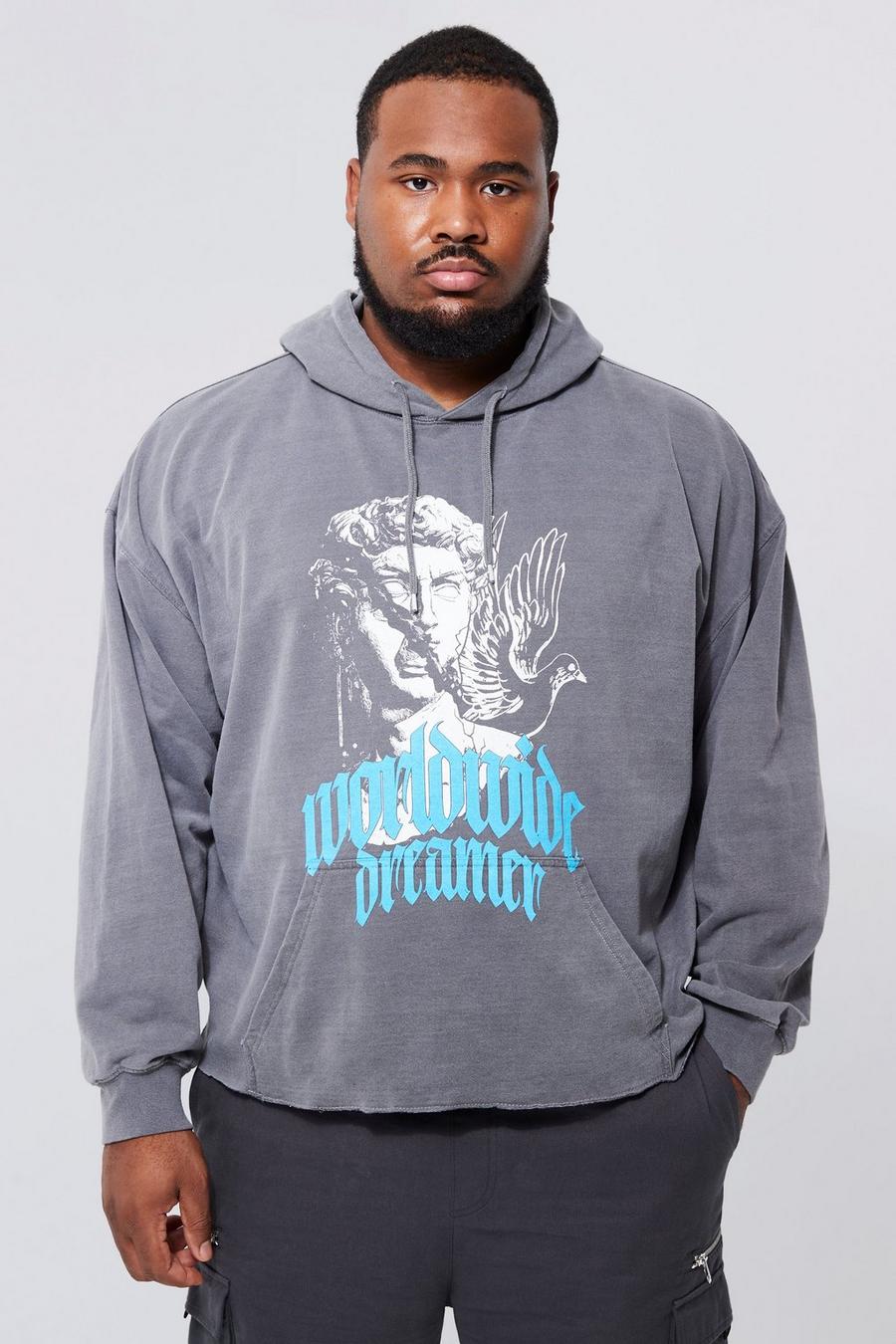 Charcoal gris Plus Washed Statue Graphic Raw Hem Hoodie