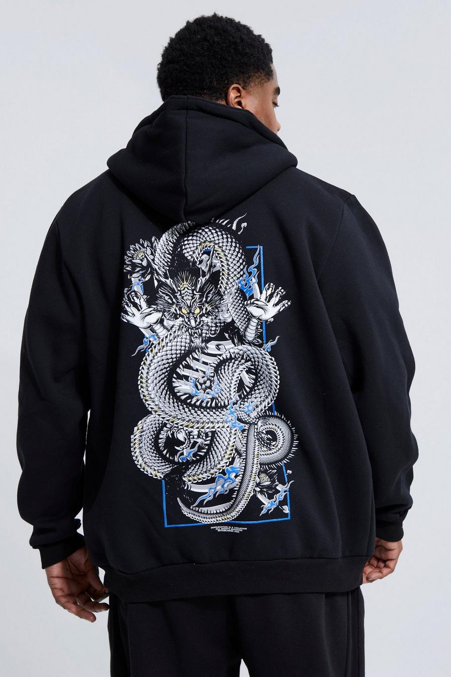 Black Plus Dragon Front And Back Zip Through Hoodie image number 1