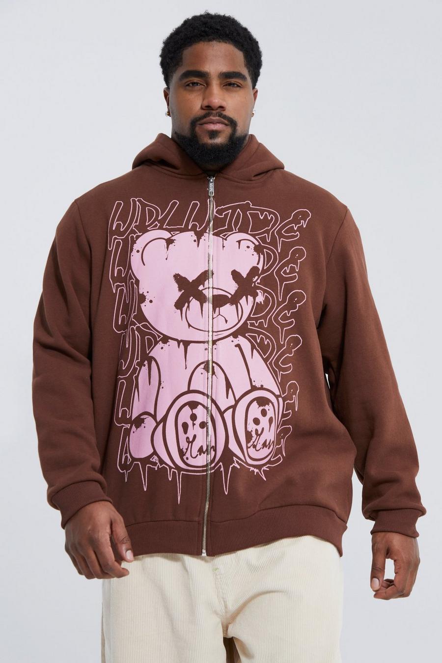 Chocolate Plus Teddy Print Zip Through Hoodie image number 1