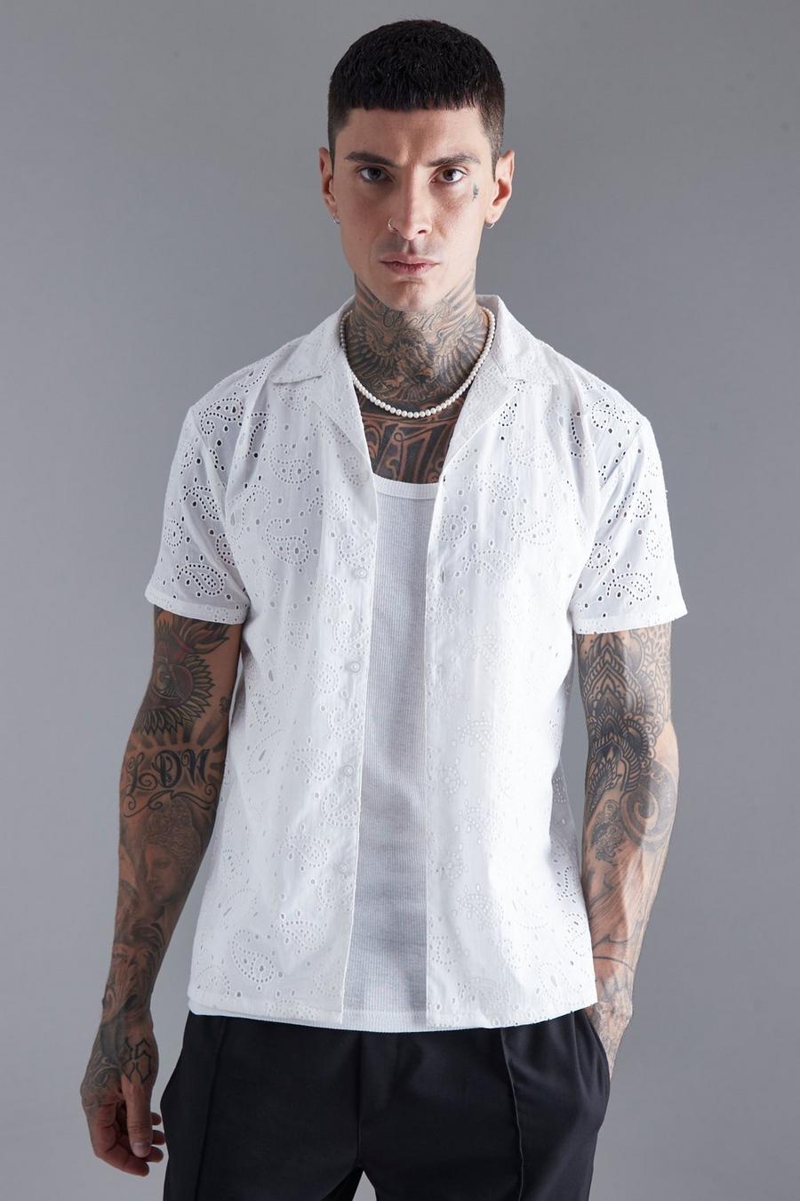 Short Sleeve Paisley Broiderie Shirt, Ecru bianco