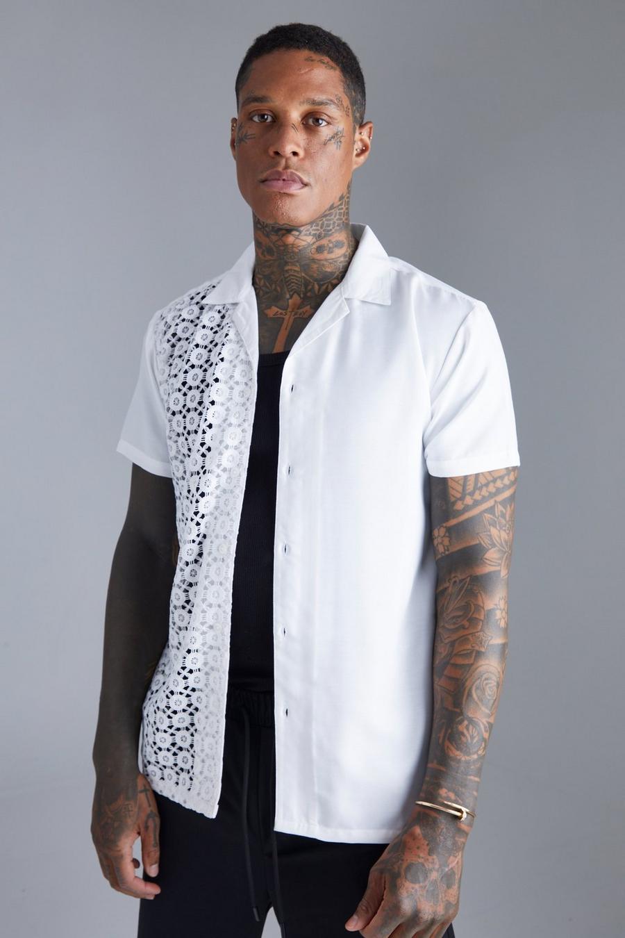 Ecru white Short Sleeve Spliced Crochet Shirt