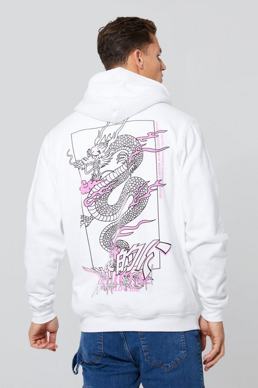 Tall Hoodie mit Drachen-Print, White blanc