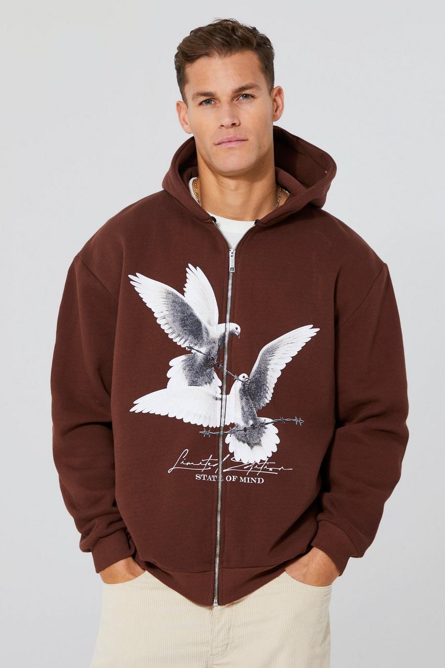 Chocolate brown Tall Hoodie med tryck och dragkedja image number 1