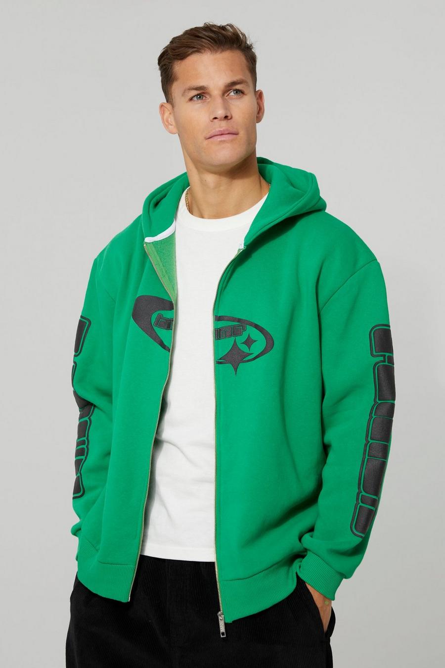 Bright green Tall Limited Puff Print Zip Through Hoodie image number 1