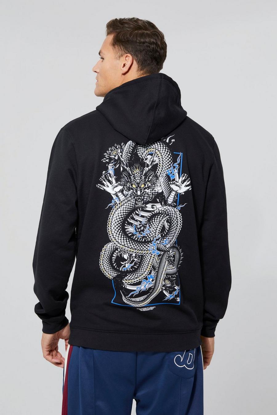 Sudadera Tall con capucha y estampado de dragón frontal y en la espalda, Black image number 1