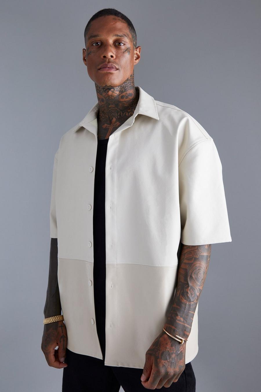 Short Sleeve Boxy Oversized Pu Spliced Shirt, Light beige image number 1