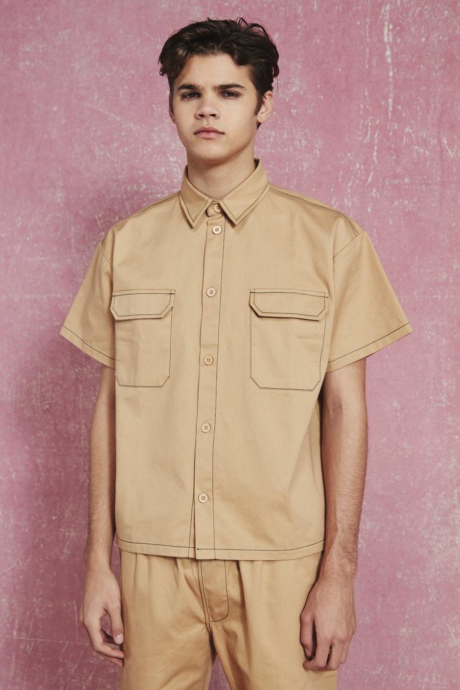 Tan Boxy Twill Embroidered Overshirt image number 1