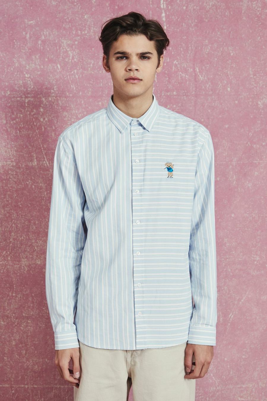 Light blue Oversized Oxford Teddy Cotton Stripe Shirt image number 1
