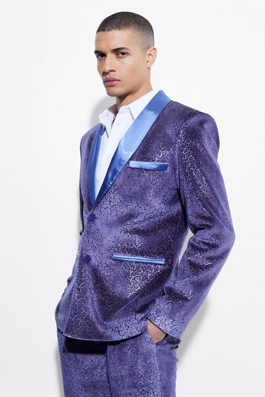 Giacca completo Slim Fit in velours in fantasia barocca, Purple image number 1