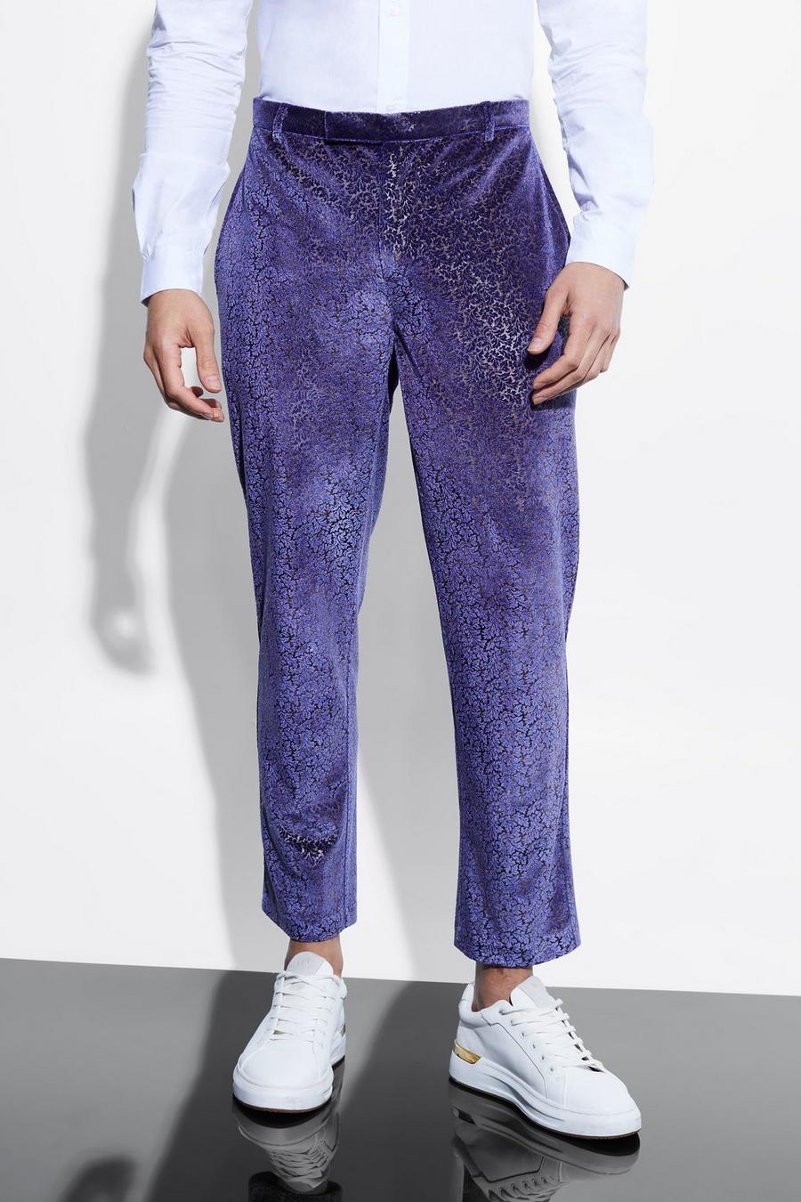 Purple Slim Crop Baroque Velour Suit Trousers