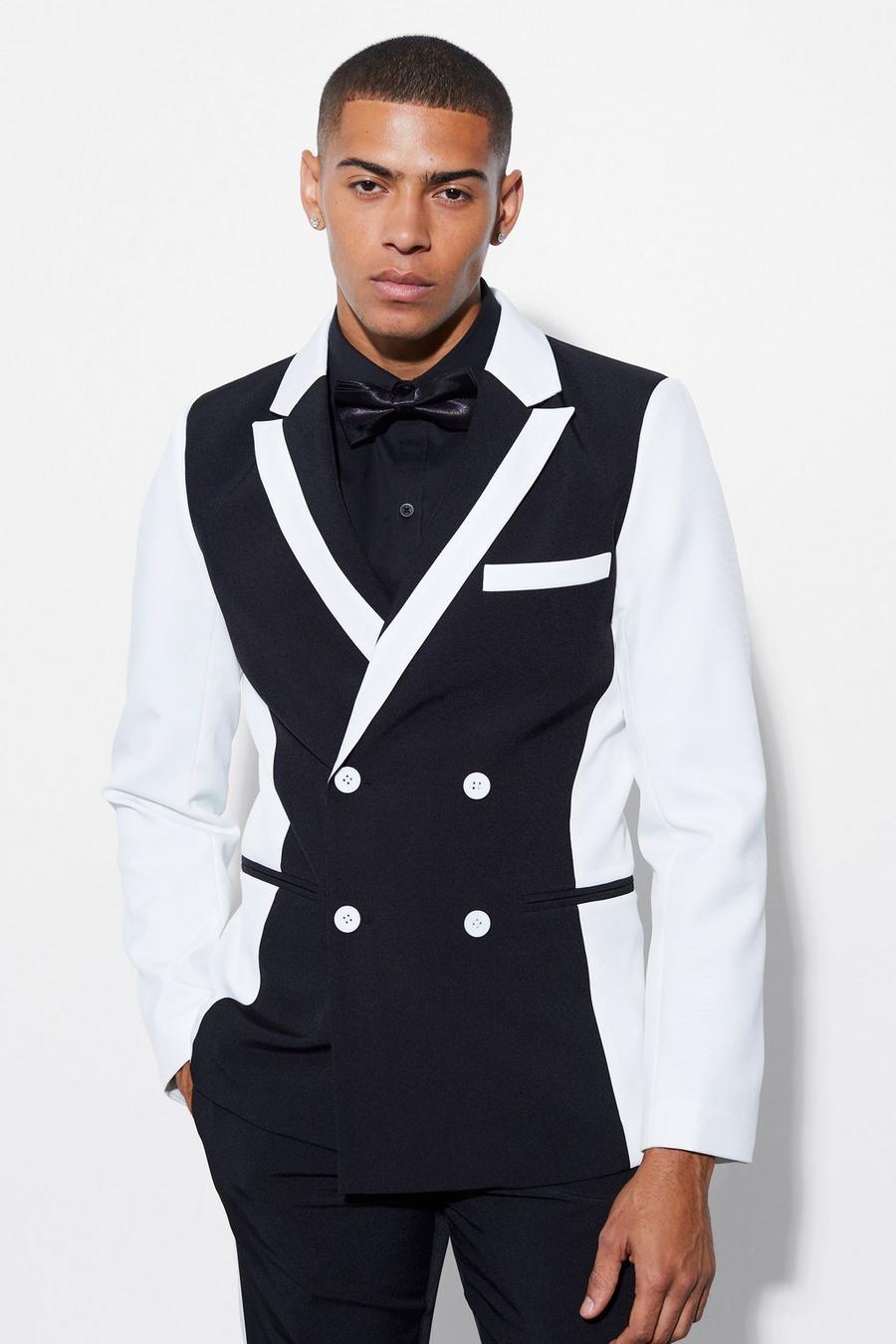 Slim Double Breasted Panel Suit Jacket, Black nero
