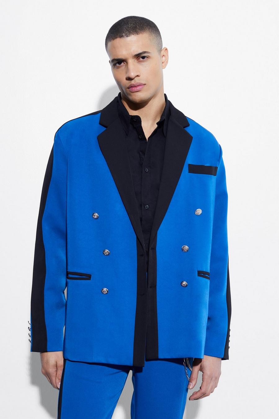 Cobalt azul Relaxed Contrast Panel Suit Jacket