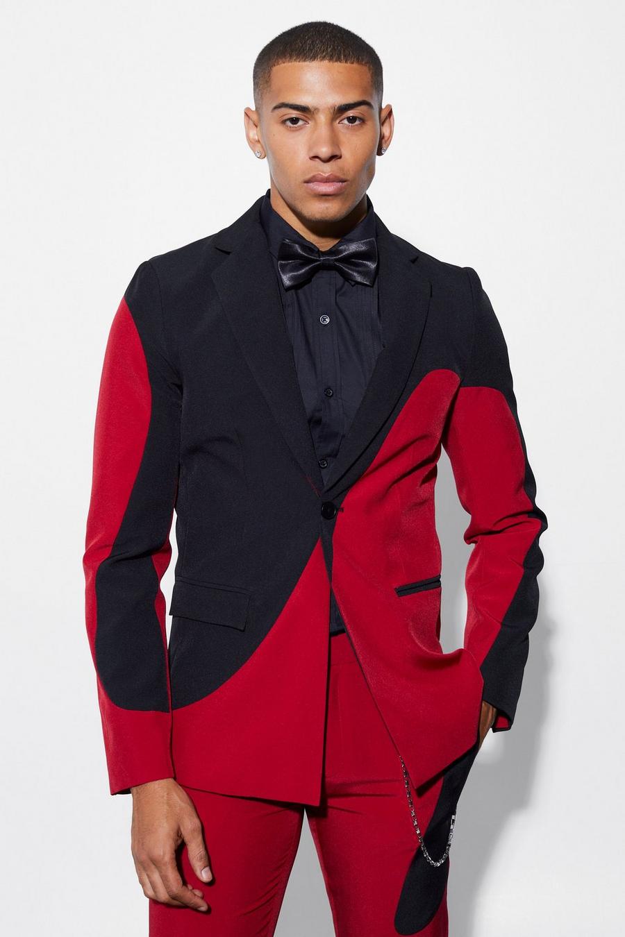 Red Skinny Curved Spliced Suit Jacket