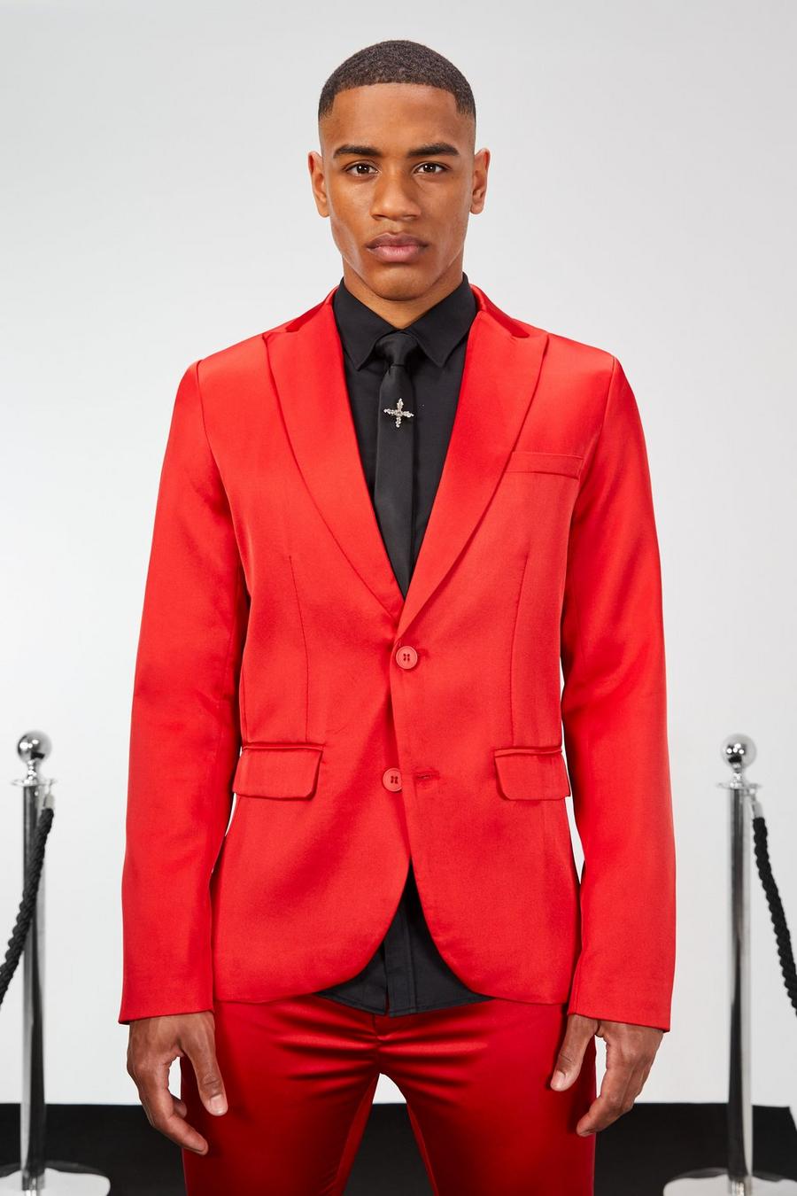Red Skinny Single Breasted Satin Suit Jacket image number 1