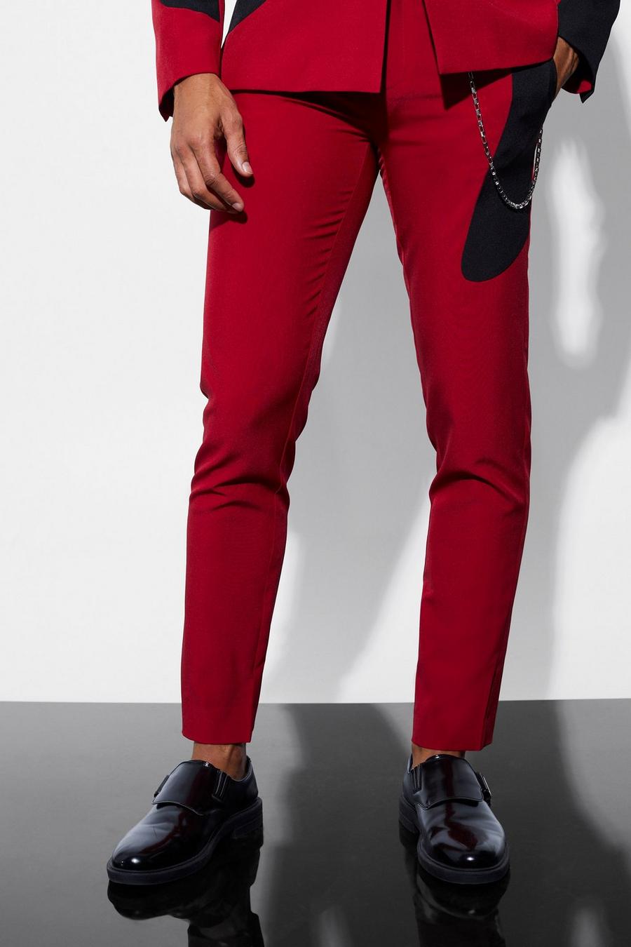 Red Skinny Curved Spliced Chain Suit Trousers