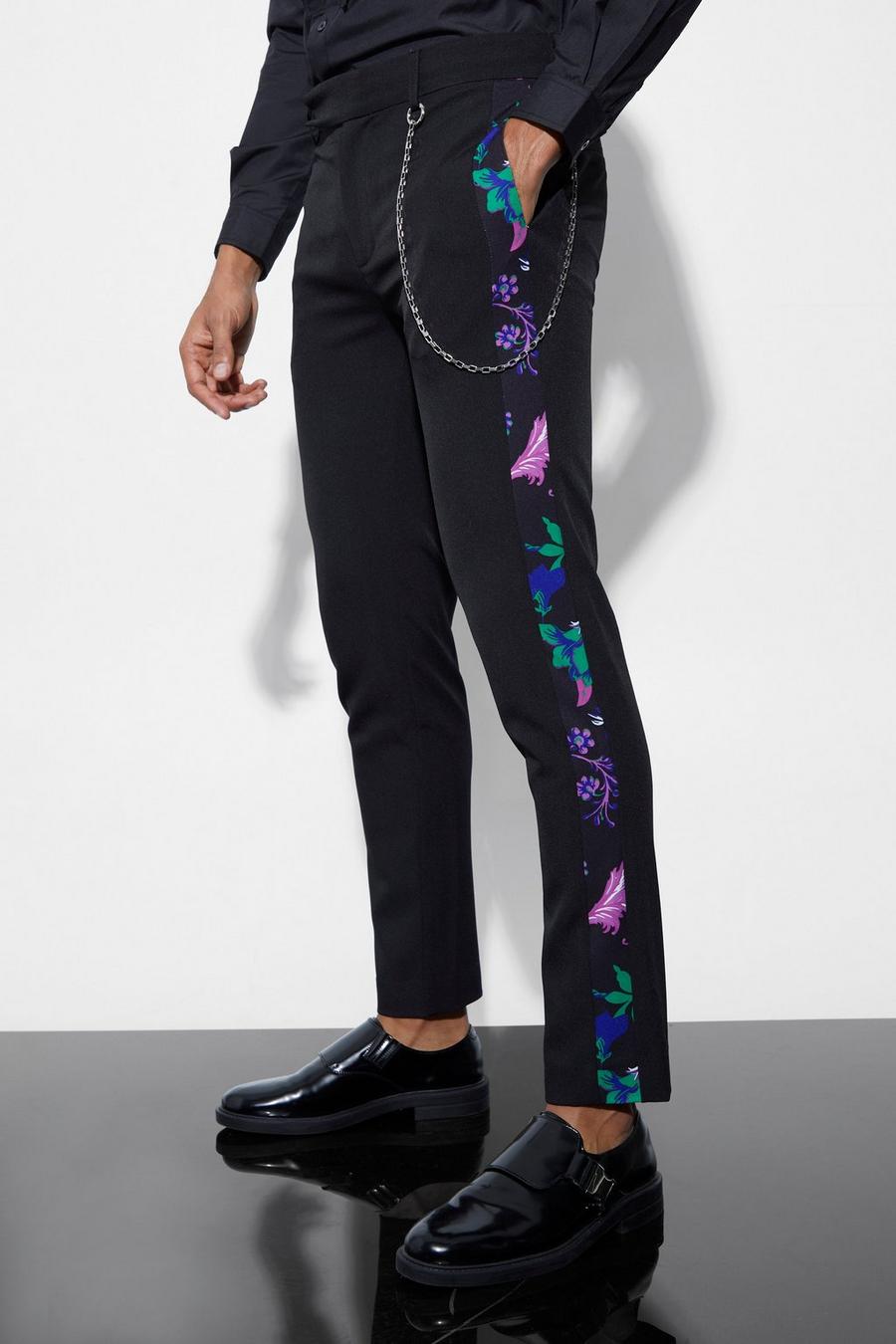 Skinny Anzughose mit floralem Seitenstreifen, Black