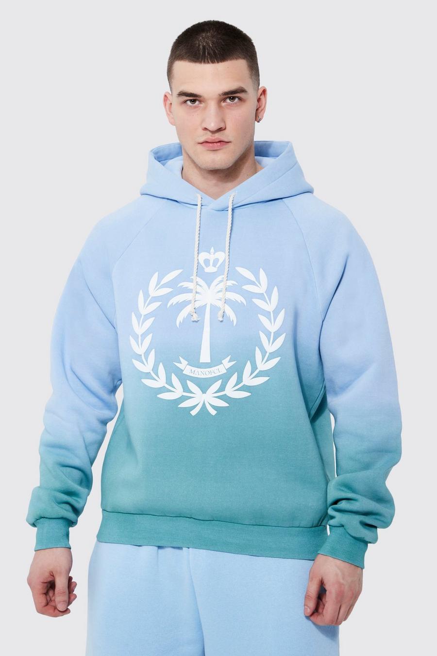 Blue Tall Boxy Raglan Ombre Puff Print Hoodie  image number 1