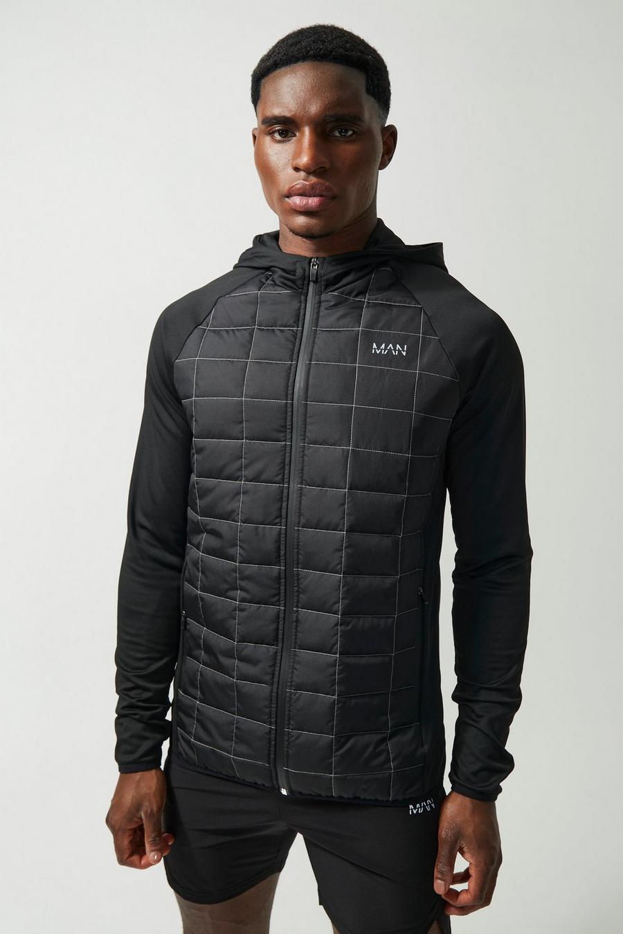 Man Active Contrast Stitch Grid Quilted Hoodie, Black negro