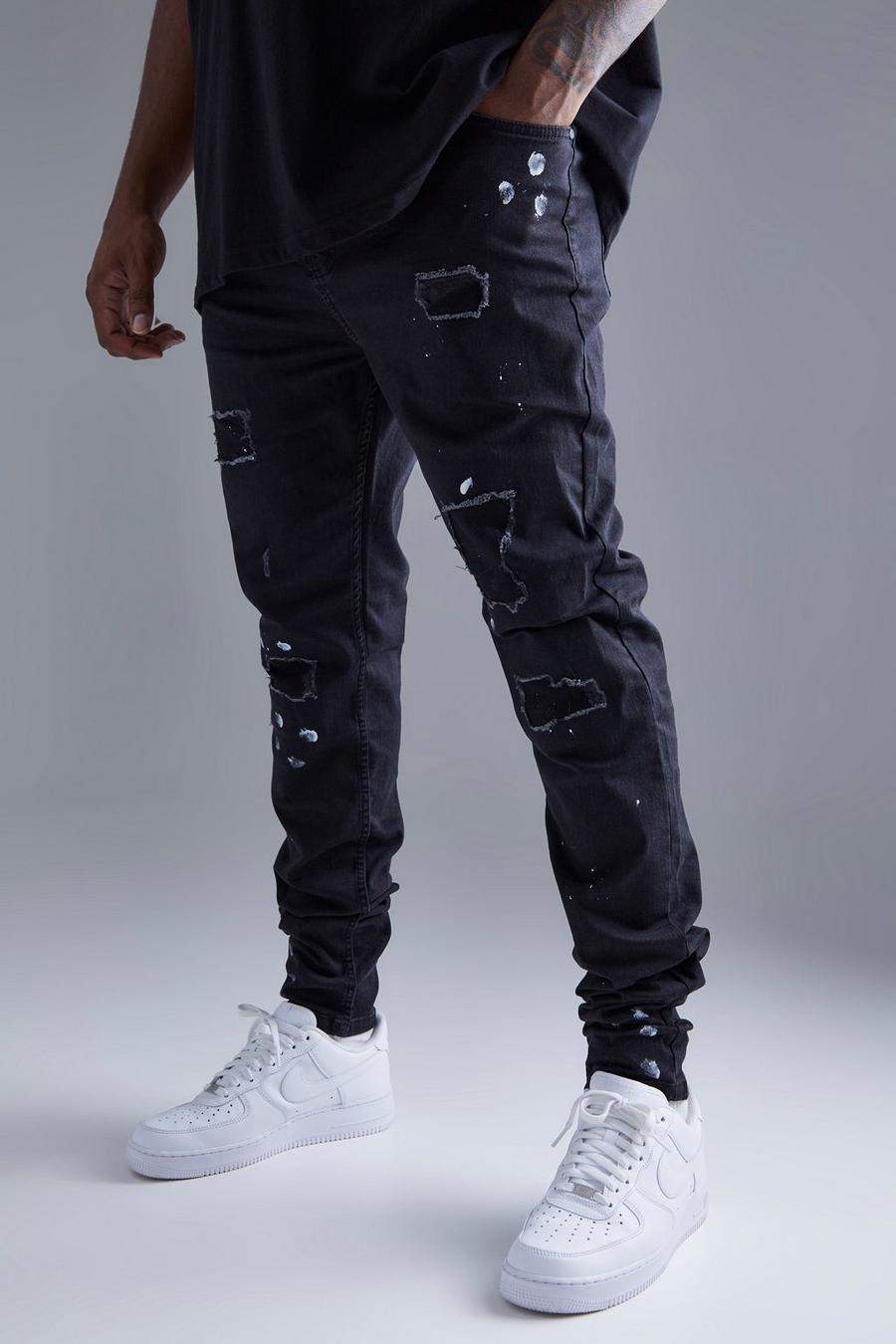 True black Plus Super Skinny Ripped Paint Splatter Jeans  