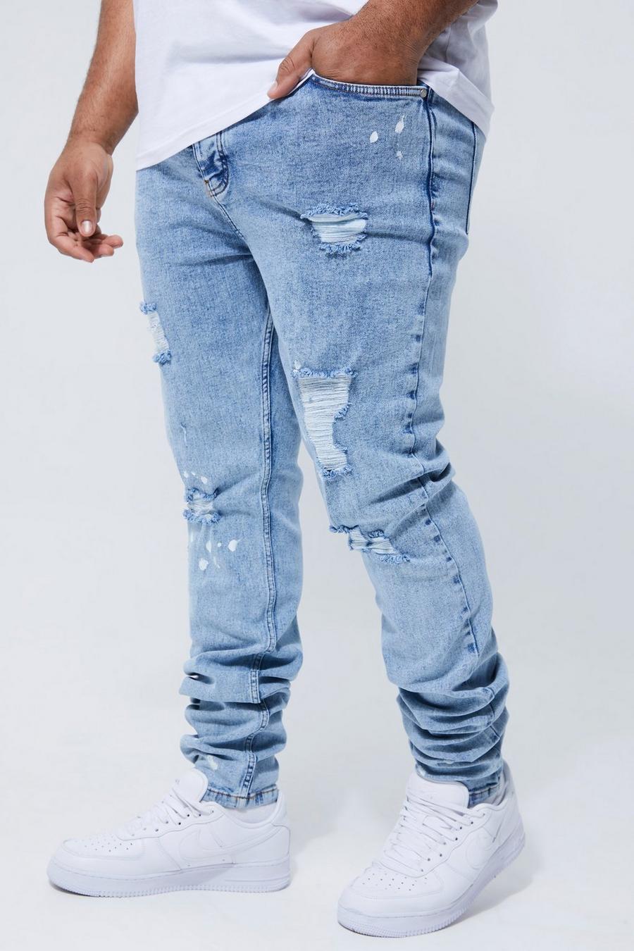 Light blue Plus Super Skinny Ripped Paint Splatter Jeans  image number 1