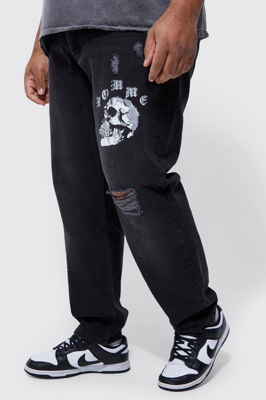 Plus Slim-Fit Jeans mit Homme Totenkopf-Print, Washed black